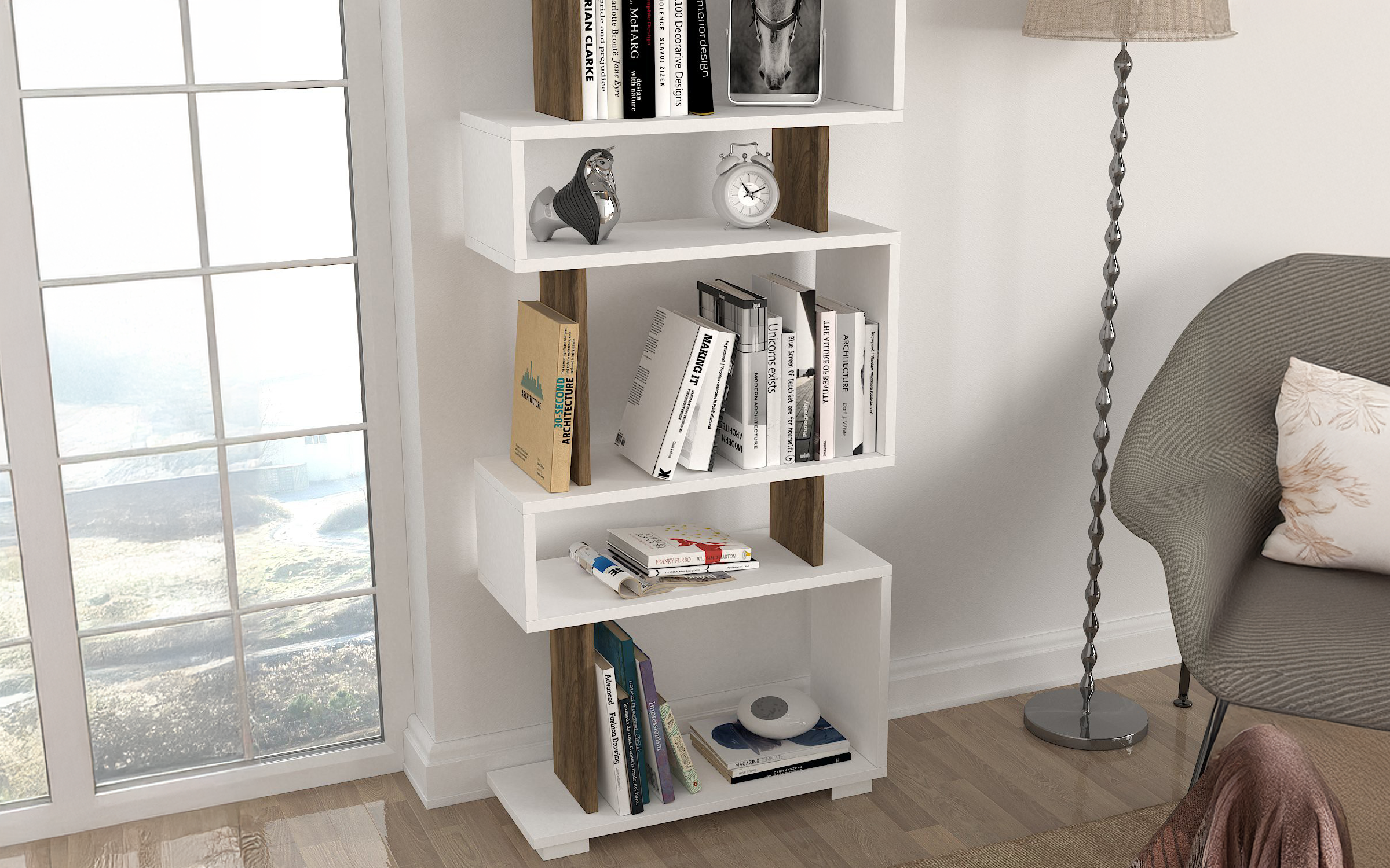 Bookcase Velina, white + walnut  4